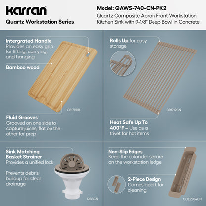 34" Deep Apron Front Single Bowl Quartz Kitchen Sink Kit In Concrete