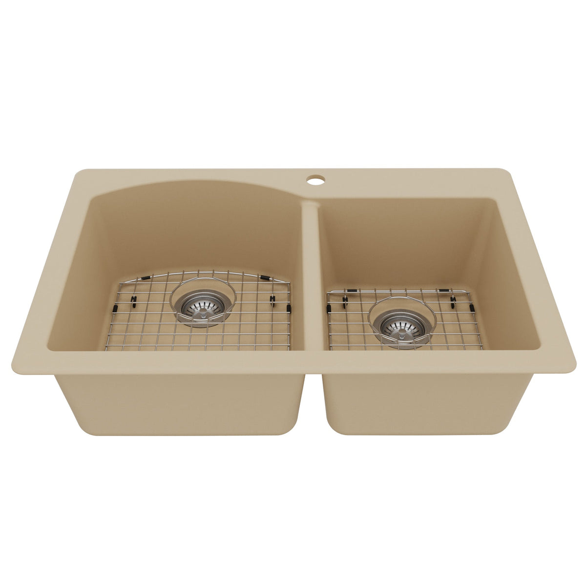 33" Top Mount Double Offset Bowl Quartz Composite Kitchen Sink Kit In Bisque