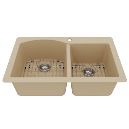 33" Top Mount Double Offset Bowl Quartz Composite Kitchen Sink Kit In Bisque