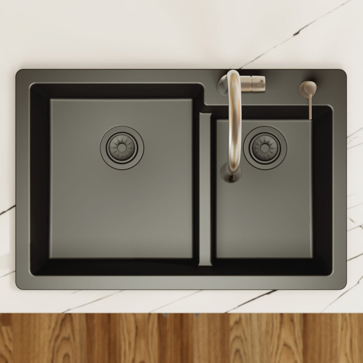 33" Top Mount Double Offset Bowl Quartz Composite Kitchen Sink In Black