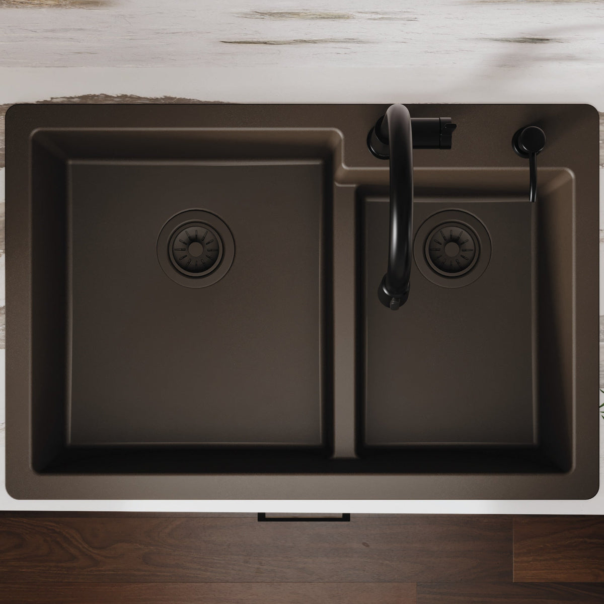 33" Top Mount Double Offset Bowl Quartz Composite Kitchen Sink In Brown