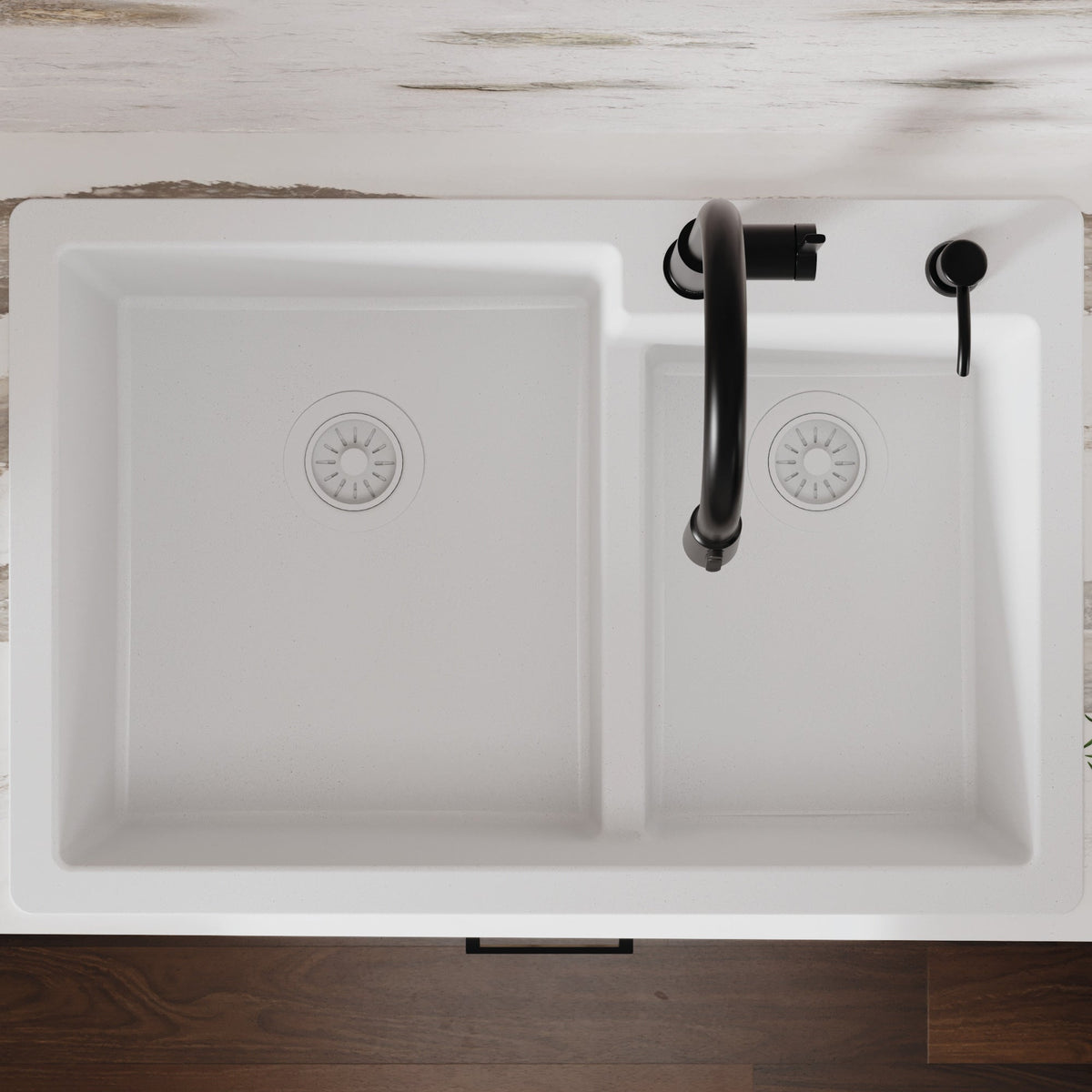 33" Top Mount Double Offset Bowl Quartz Composite Kitchen Sink In White