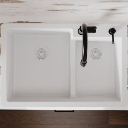 33" Top Mount Double Offset Bowl Quartz Composite Kitchen Sink In White