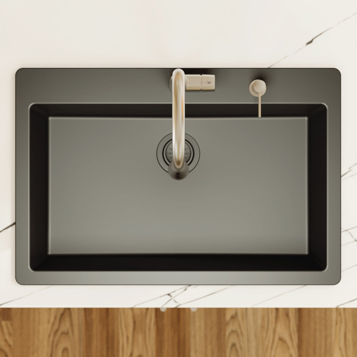 33" Top Mount Large Single Bowl Quartz Composite Kitchen Sink In Black