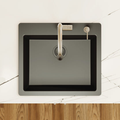 25" Top Mount Single Bowl Quartz Composite Kitchen Sink In Black