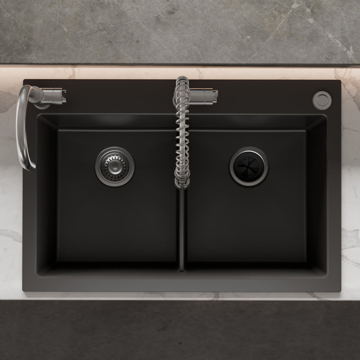 33" Top Mount Double Bowl Granite Kitchen Sink in Black