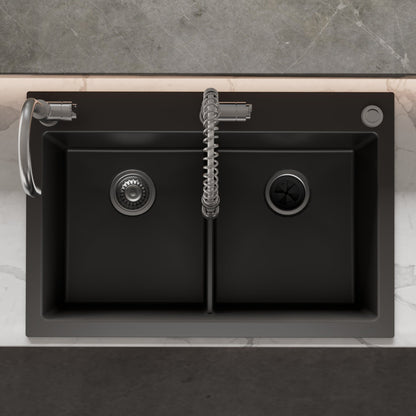33" Top Mount Double Bowl Granite Kitchen Sink in Black