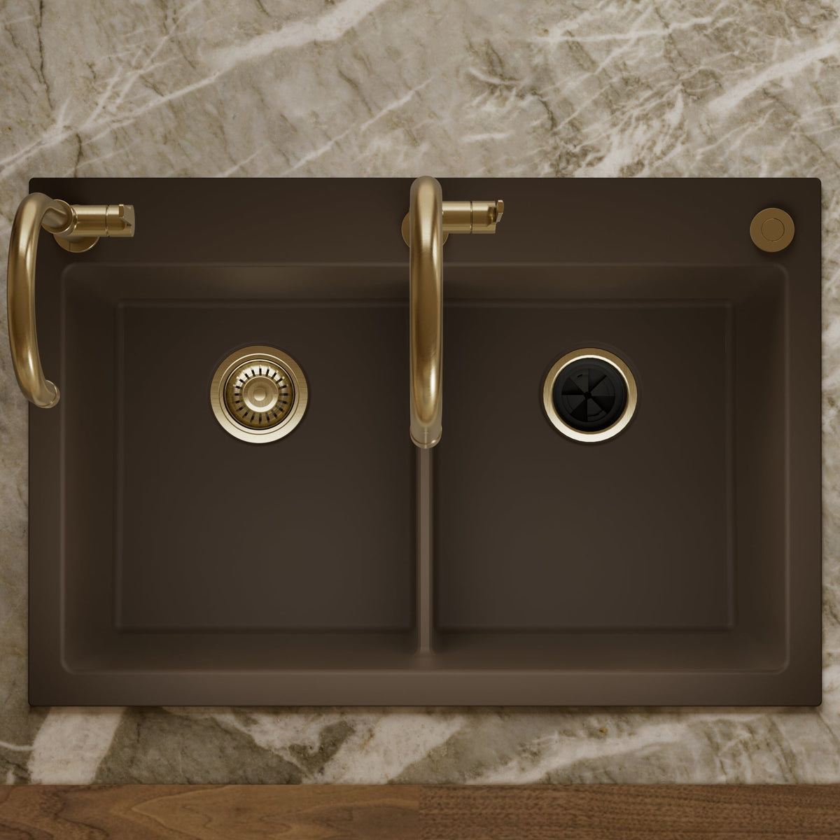 33" Top Mount Double Bowl Granite Kitchen Sink in Brown