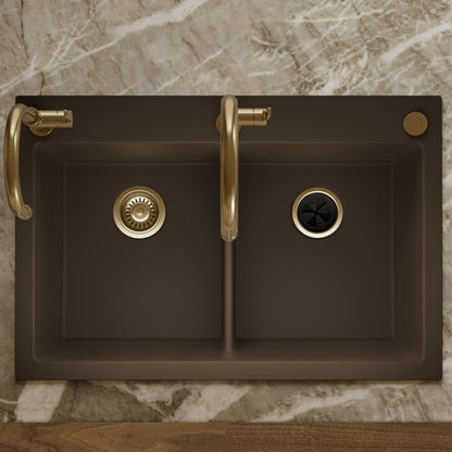 33" Top Mount Double Bowl Granite Kitchen Sink in Brown