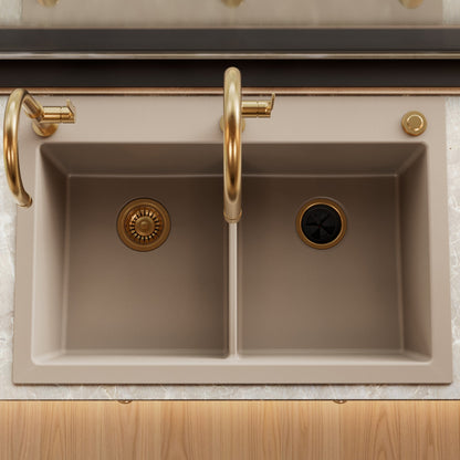 33" Top Mount Double Bowl Granite Kitchen Sink in Concrete