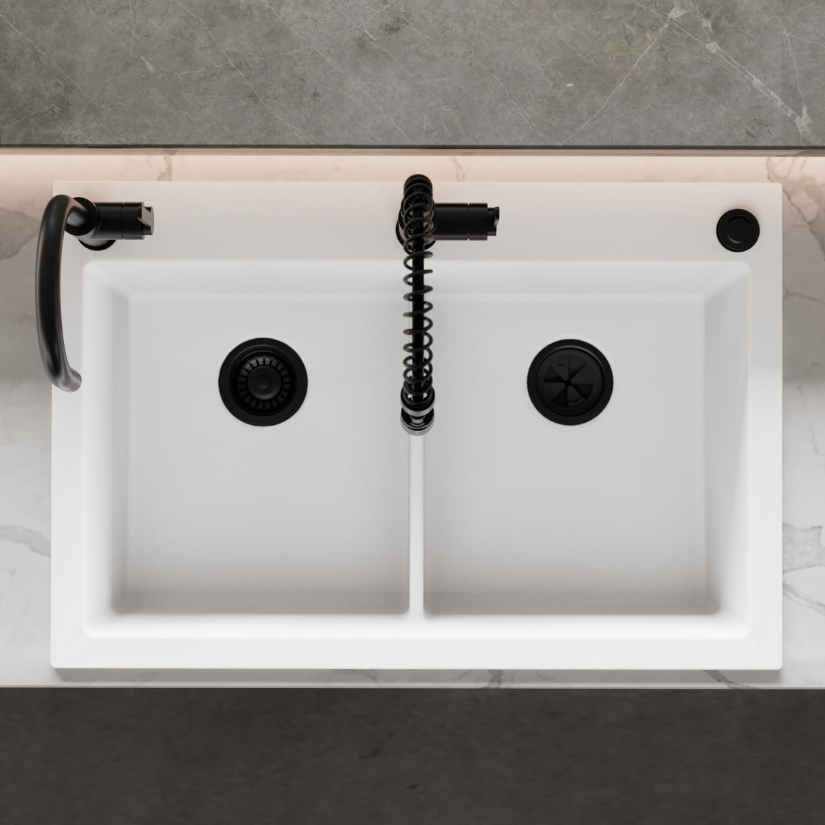 33" Top Mount Double Bowl Granite Kitchen Sink in White