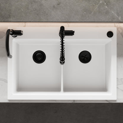 33" Top Mount Double Bowl Granite Kitchen Sink in White