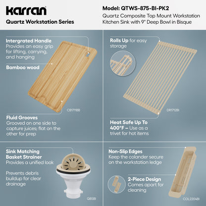 33" Top Mount Single Bowl Quartz Kitchen Sink Kit In Bisque