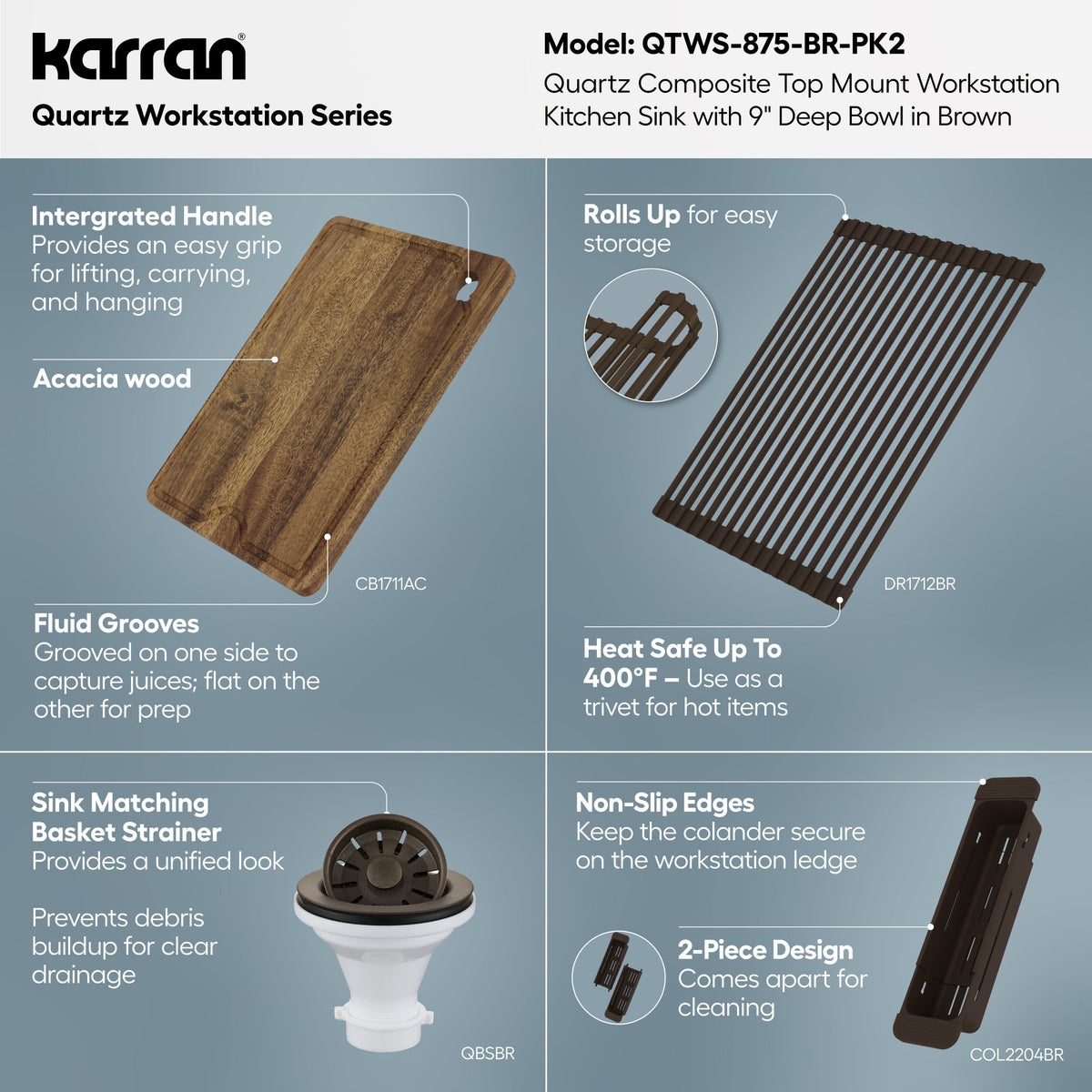 33" Top Mount Single Bowl Quartz Kitchen Sink Kit In Brown