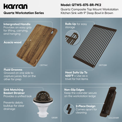33" Top Mount Single Bowl Quartz Kitchen Sink Kit In Brown