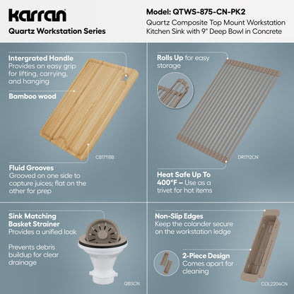 33" Top Mount Single Bowl Quartz Kitchen Sink Kit In Concrete