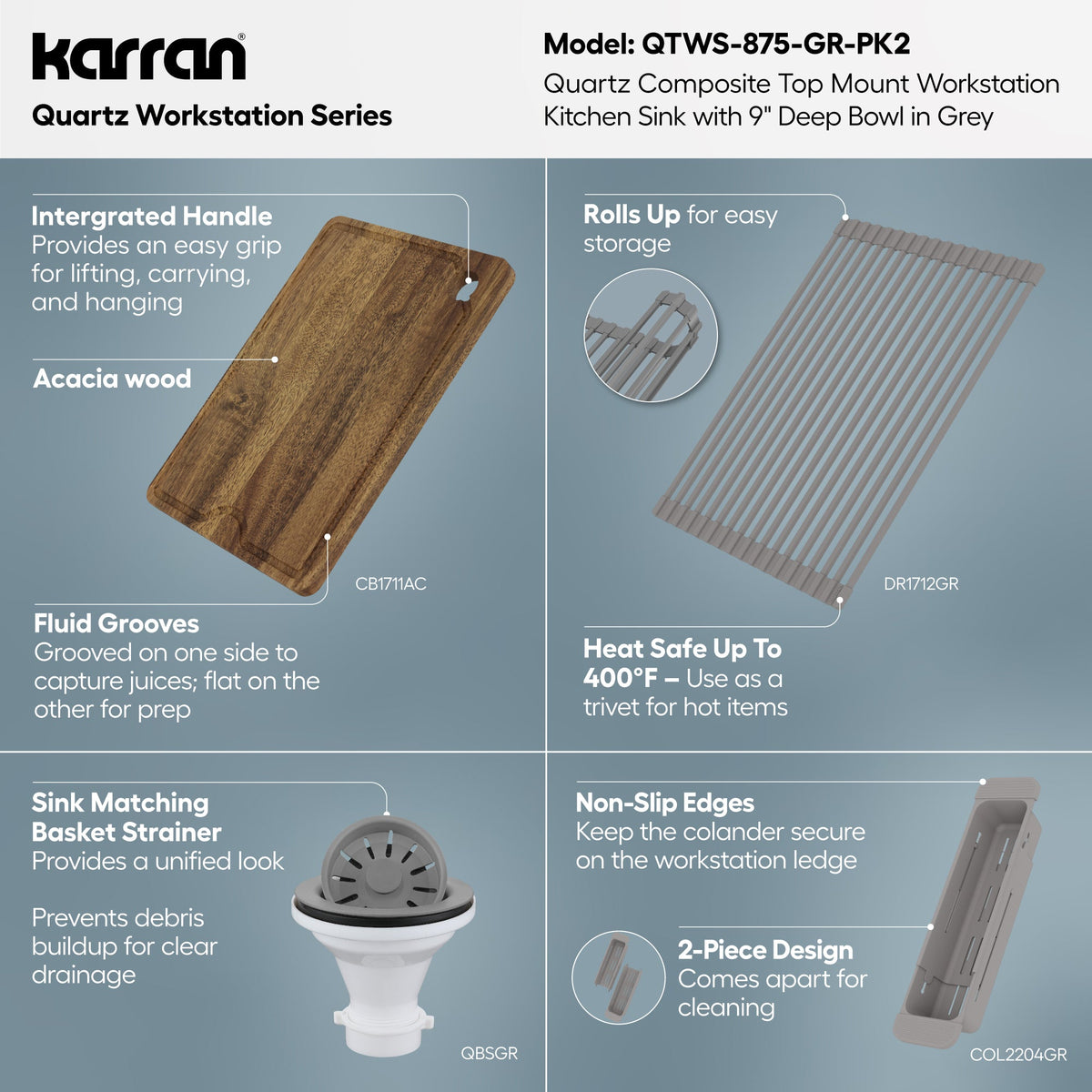 33" Top Mount Single Bowl Quartz Kitchen Sink Kit In Grey
