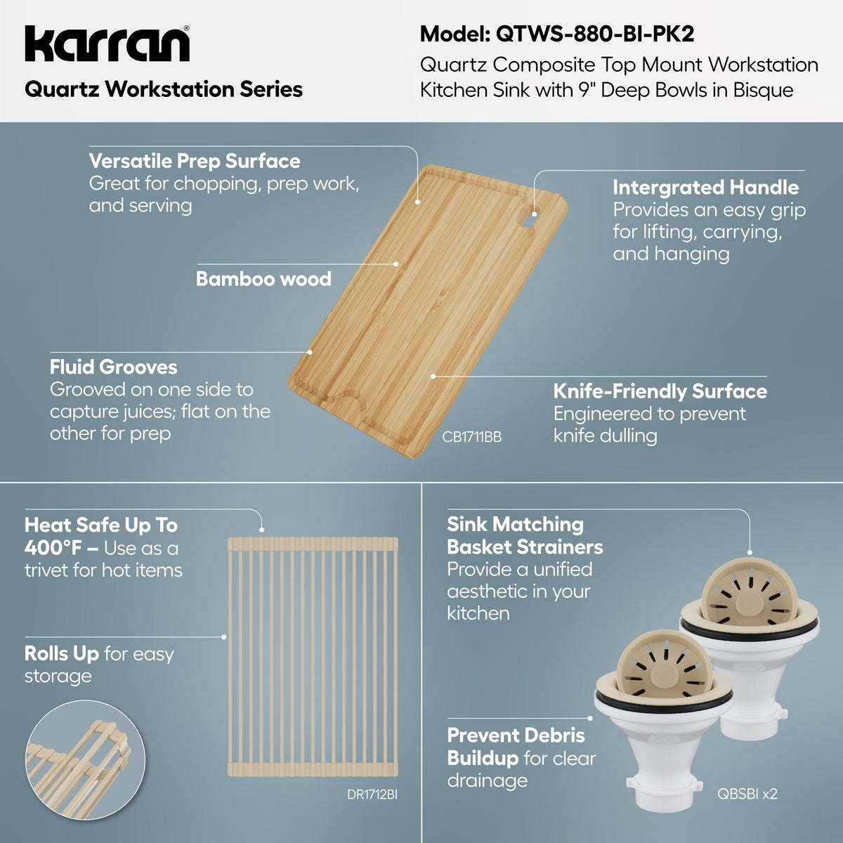33" Top Mount Double Bowl Quartz Kitchen Sink Kit In Bisque