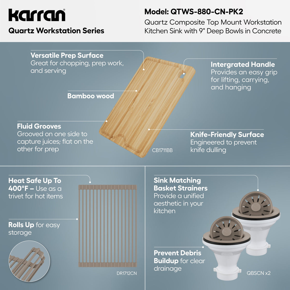 33" Top Mount Double Bowl Quartz Kitchen Sink Kit In Concrete