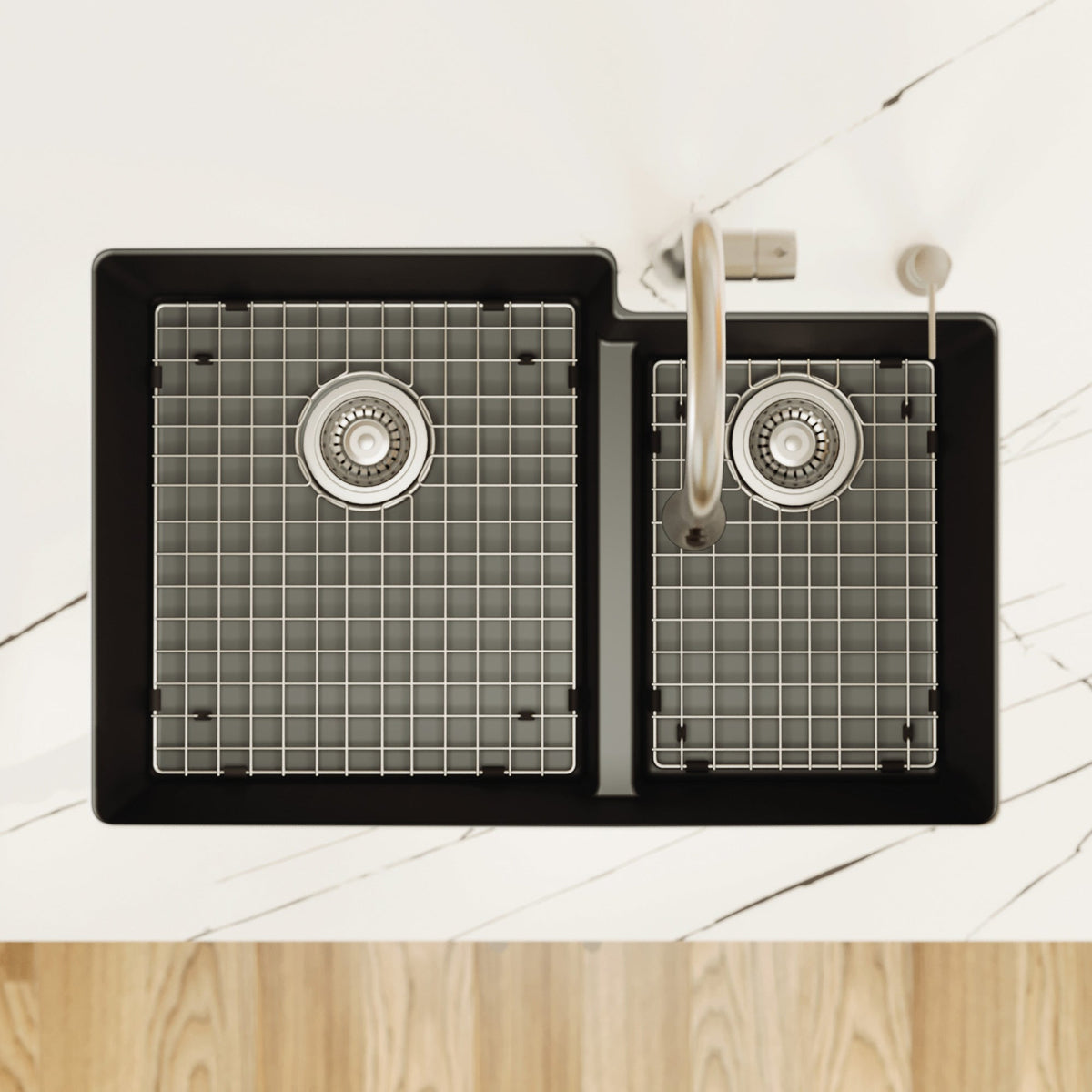 32" Undermount Double Offset Bowl Quartz Composite Kitchen Sink Kit In Black