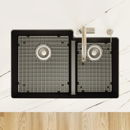 32" Undermount Double Offset Bowl Quartz Composite Kitchen Sink Kit In Black
