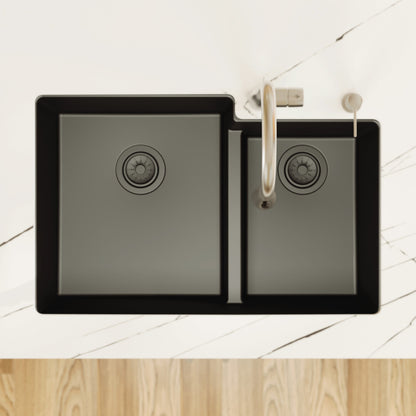 32-1/4" Undermount Double Offset Bowl Quartz Composite Kitchen Sink In Black