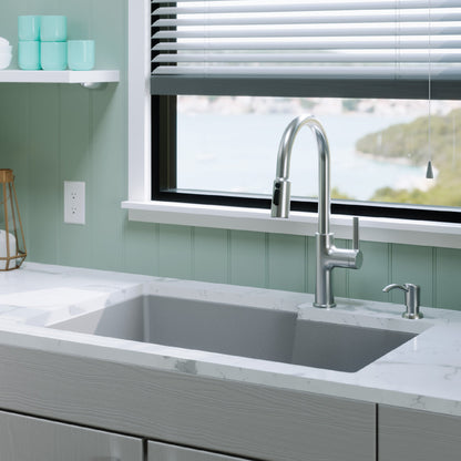 32" Undermount Double Offset Bowl Quartz Composite Kitchen Sink Kit In Grey