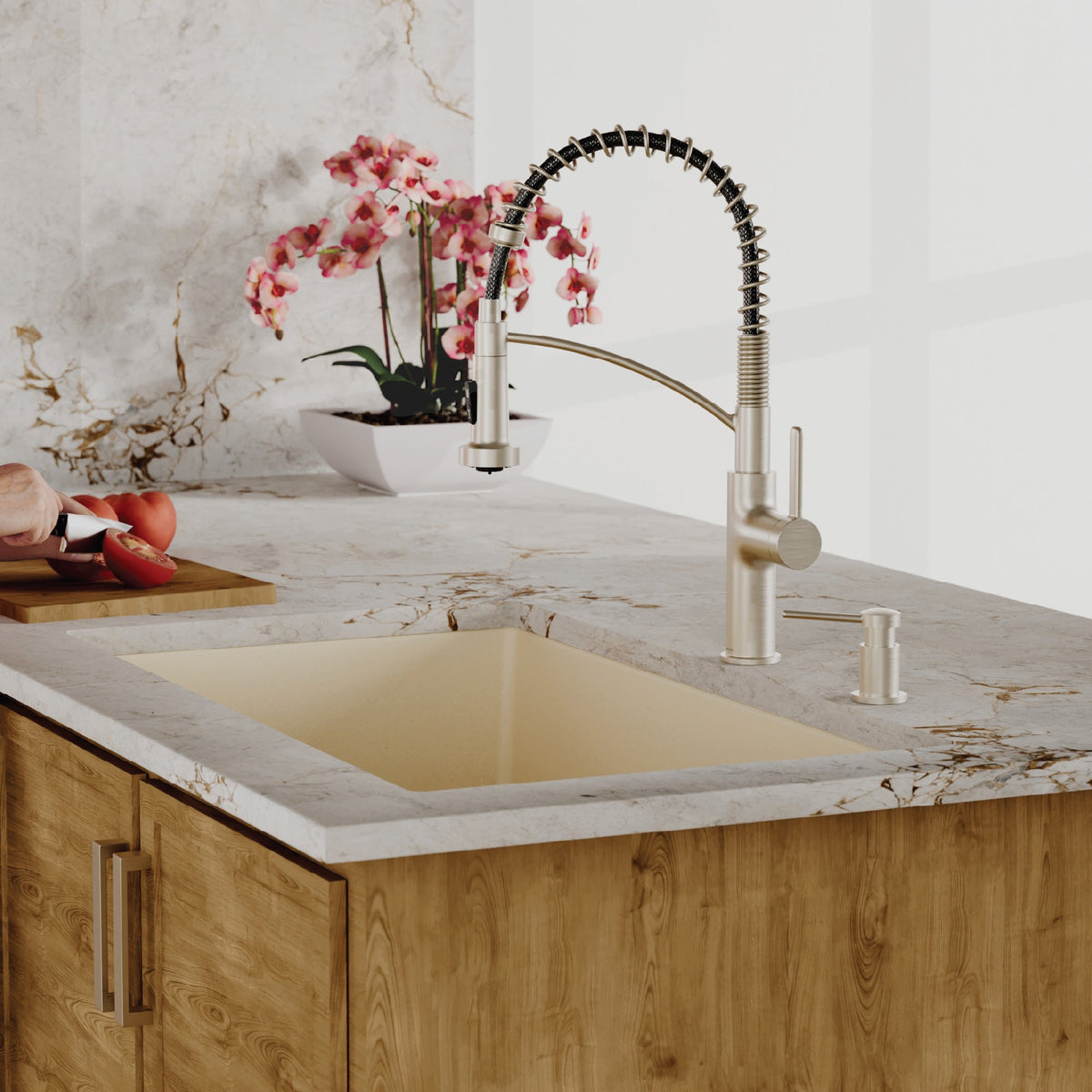 32-3/8" Undermount Large Single Bowl Quartz Composite Kitchen Sink Kit In Bisque