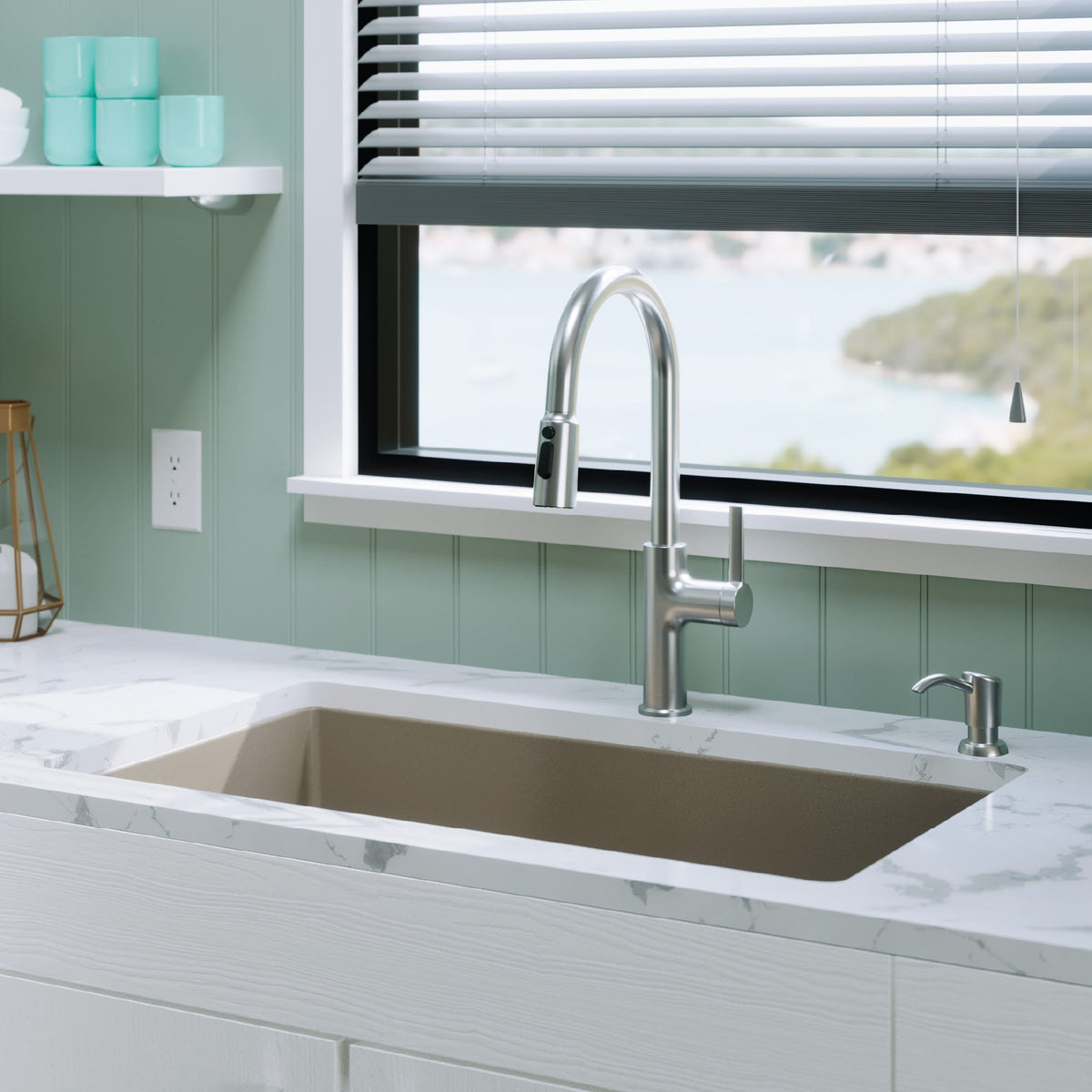 32-3/8" Undermount Large Single Bowl Quartz Composite Kitchen Sink Kit In Concrete