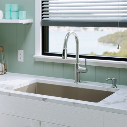 32-3/8" Undermount Large Single Bowl Quartz Composite Kitchen Sink In Concrete