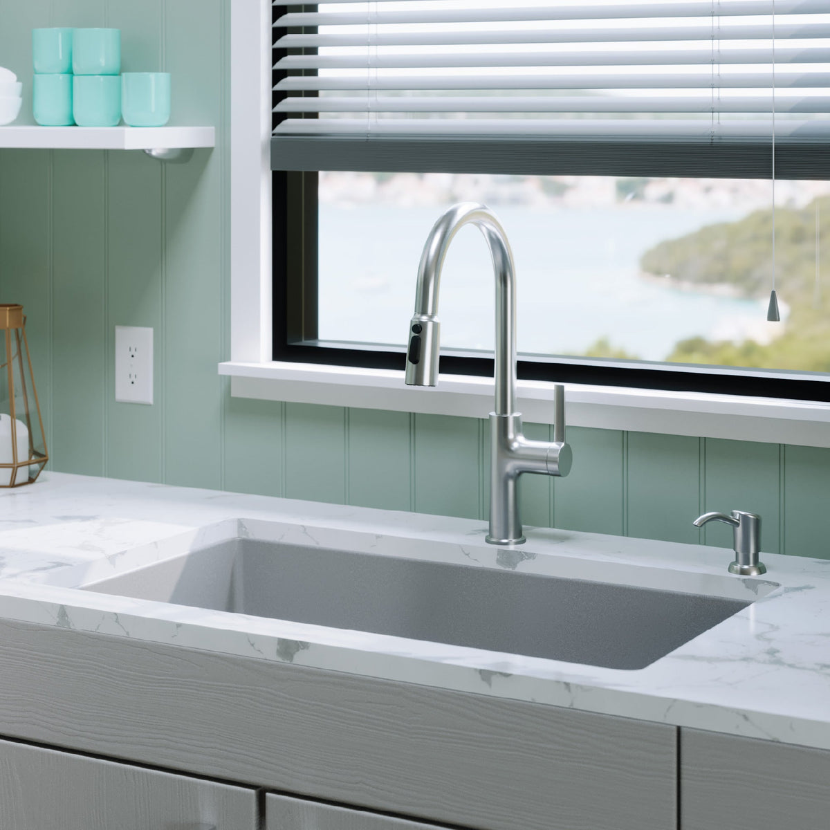 32-3/8" Undermount Large Single Bowl Quartz Composite Kitchen Sink Kit In Grey