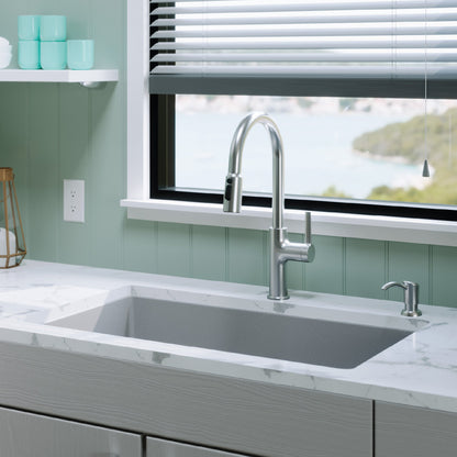 32-3/8" Undermount Large Single Bowl Quartz Composite Kitchen Sink Kit In Grey