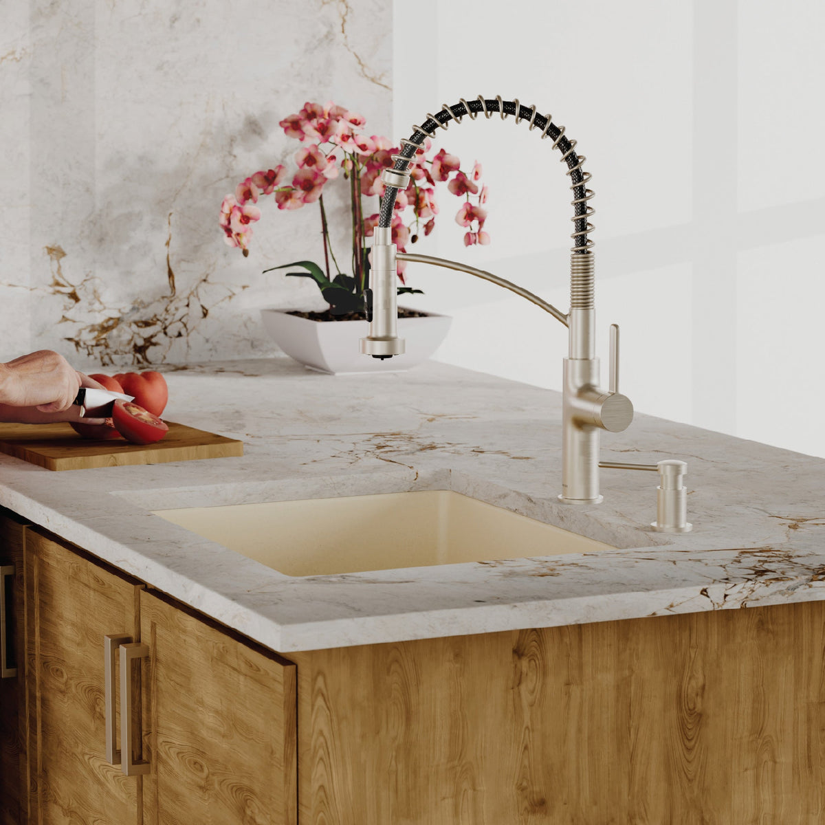 24-3/8" Undermount Single Bowl Quartz Composite Kitchen Sink Kit In Bisque