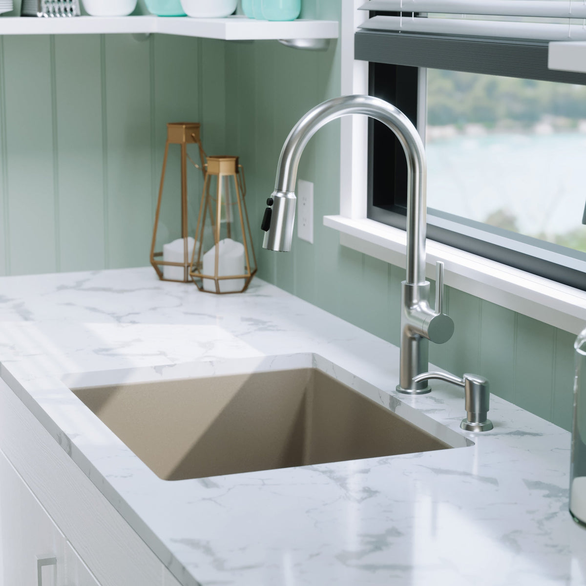 24-3/8" Undermount Single Bowl Quartz Composite Kitchen Sink Kit In Concrete