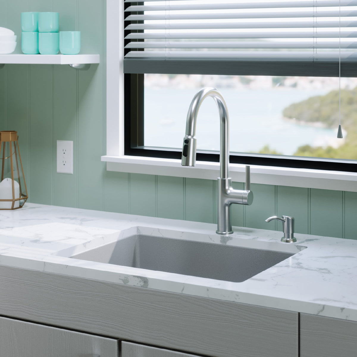 24-3/8" Undermount Single Bowl Quartz Composite Kitchen Sink Kit In Grey