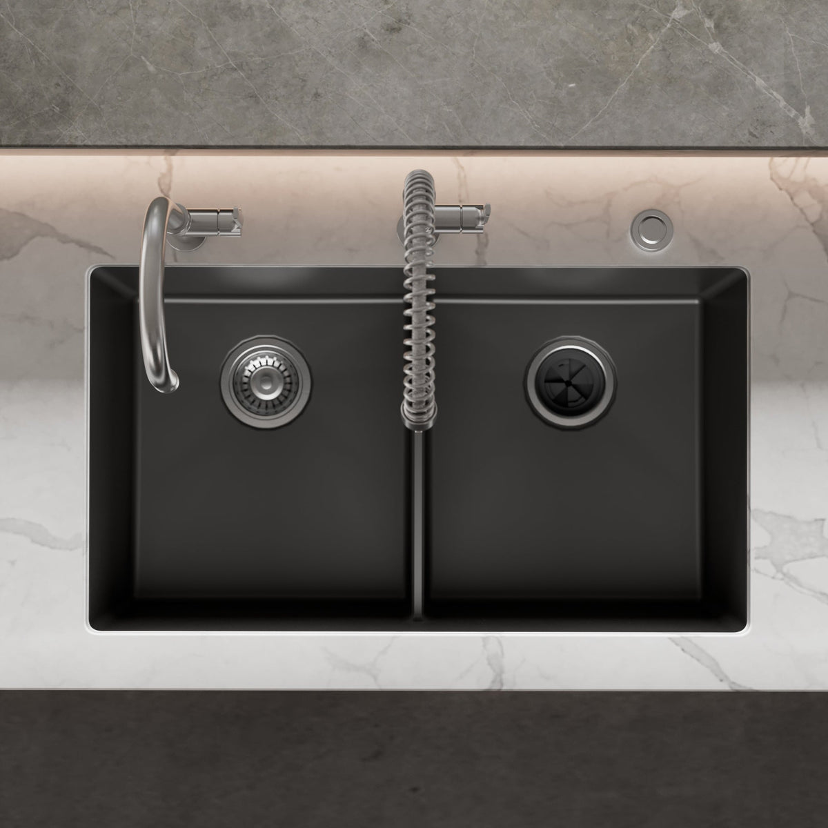 32-3/8" Undermount Double Equal Bowl Granite Kitchen Sink In Black