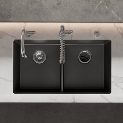 32-3/8" Undermount Double Equal Bowl Granite Kitchen Sink In Black