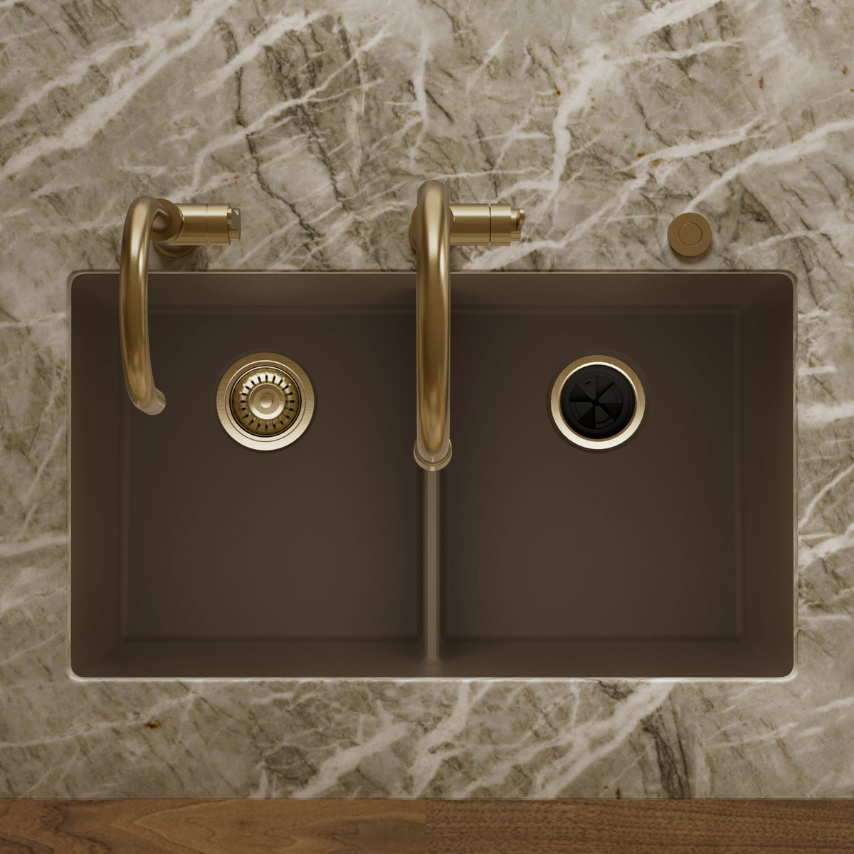 32-3/8" Undermount Double Equal Bowl Granite Kitchen Sink In Brown