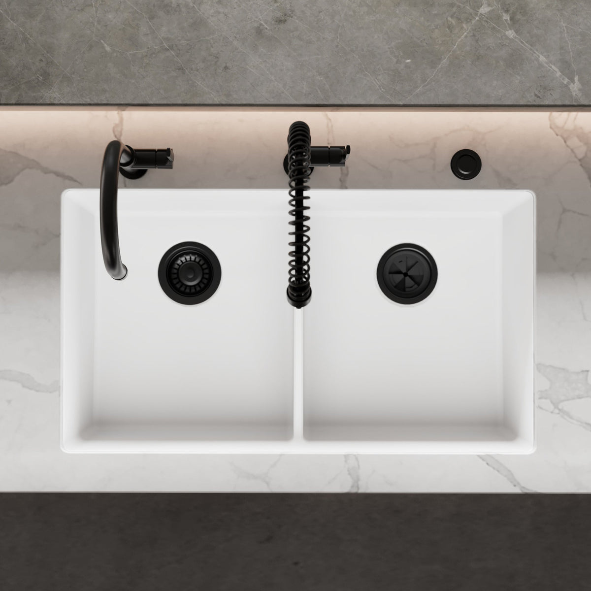32-3/8" Undermount Double Equal Bowl Granite Kitchen Sink In White