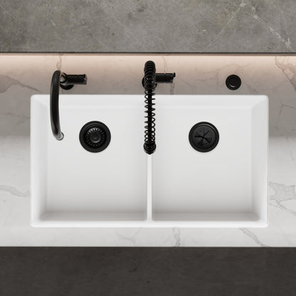 32-3/8" Undermount Double Equal Bowl Granite Kitchen Sink In White