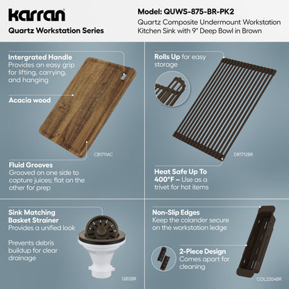 32" Undermount Single Bowl Quartz Kitchen Sink Kit In Brown