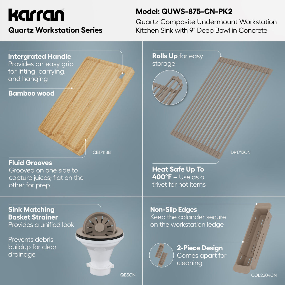 32" Undermount Single Bowl Quartz Kitchen Sink Kit In Concrete