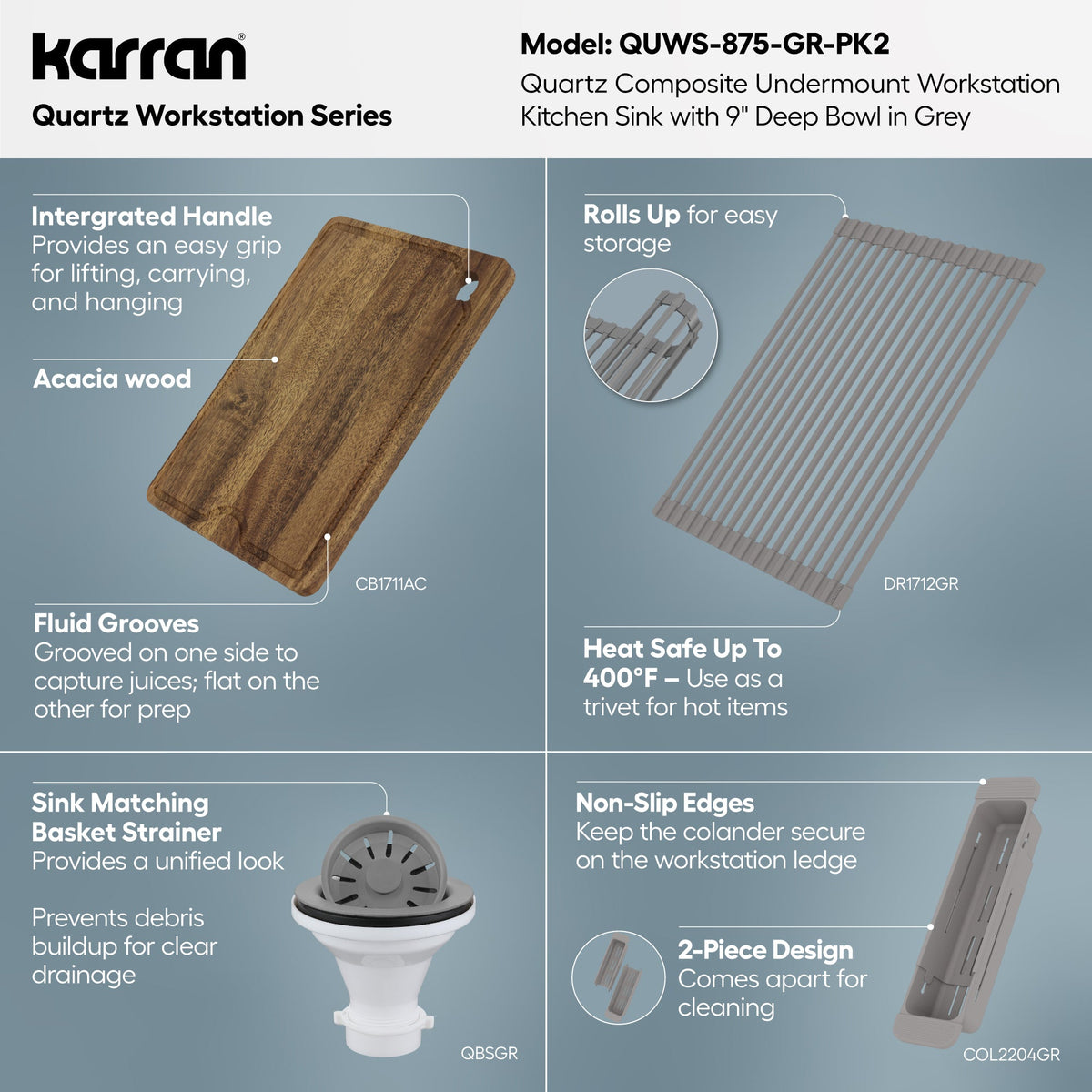 32" Undermount Single Bowl Quartz Kitchen Sink Kit In Grey