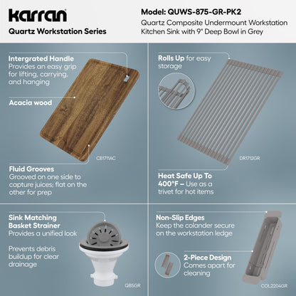32" Undermount Single Bowl Quartz Kitchen Sink Kit In Grey