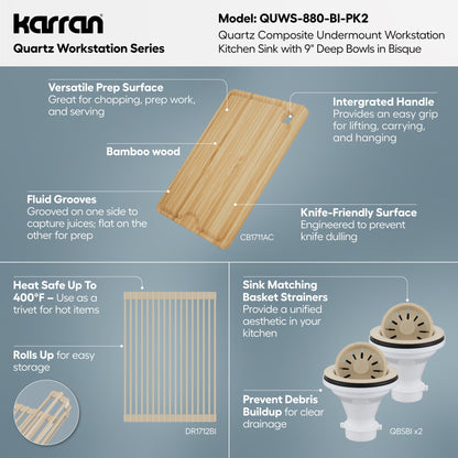 32" Undermount Double Bowl Quartz Kitchen Sink Kit In Bisque