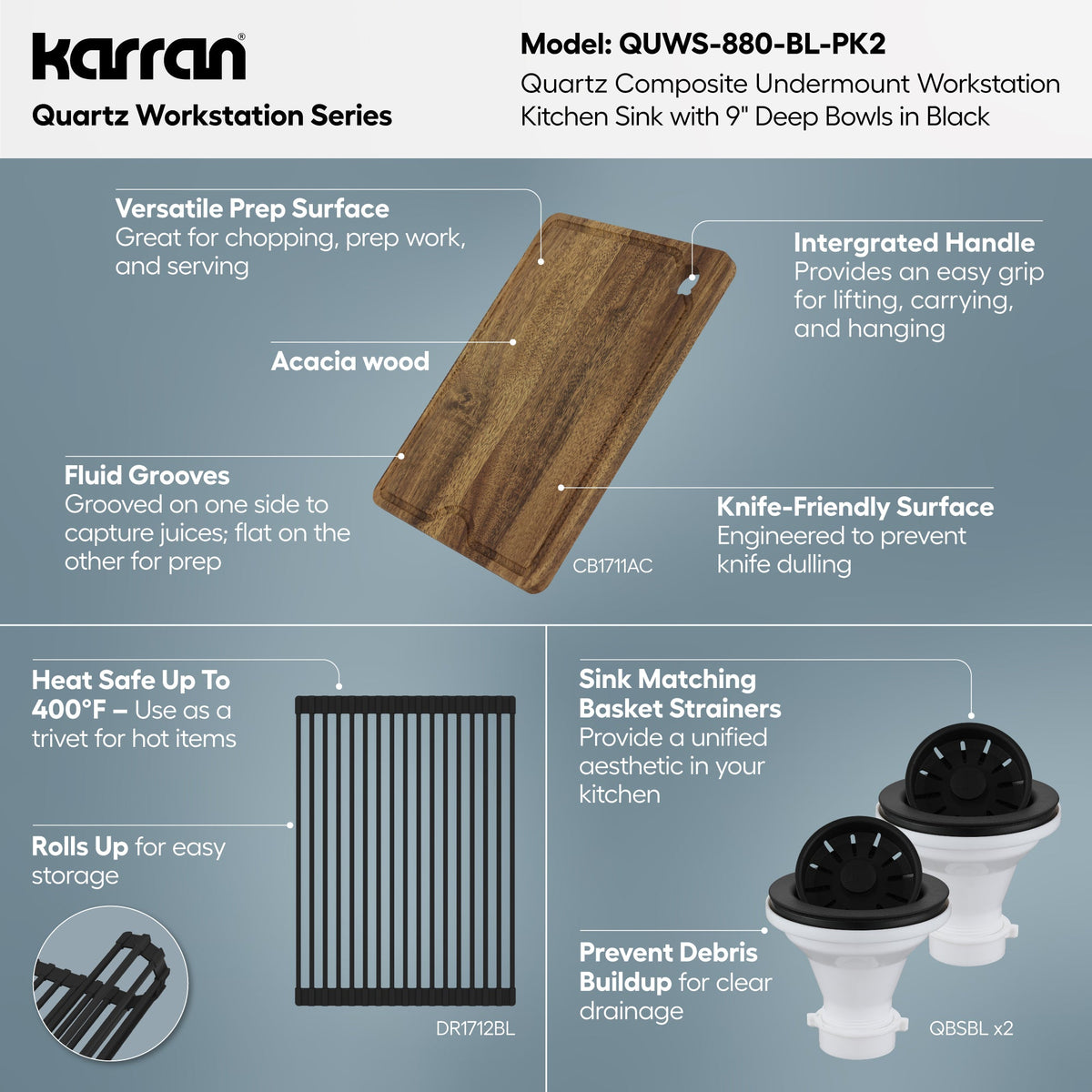 32" Undermount Double Bowl Quartz Kitchen Sink Kit In Black