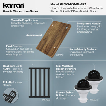 32" Undermount Double Bowl Quartz Kitchen Sink Kit In Black