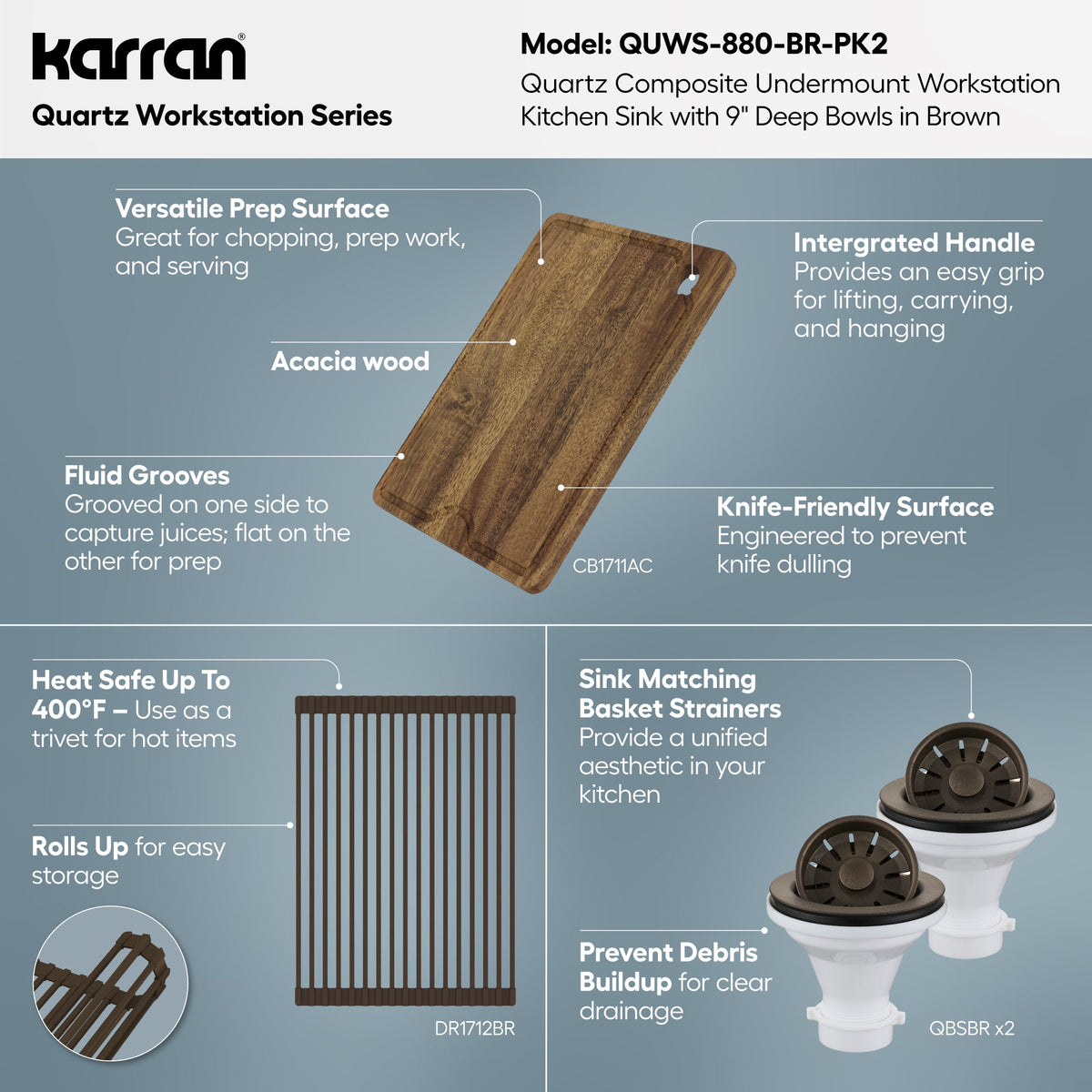 32" Undermount Double Bowl Quartz Kitchen Sink Kit In Brown