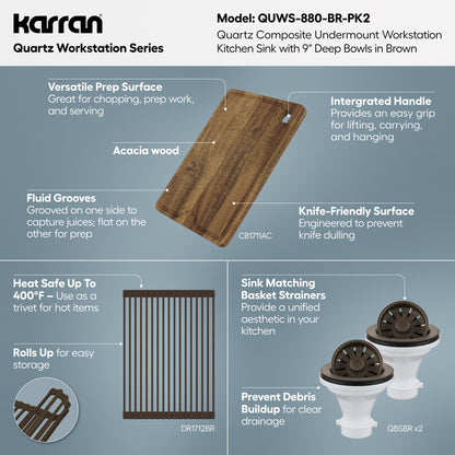 32" Undermount Double Bowl Quartz Kitchen Sink Kit In Brown