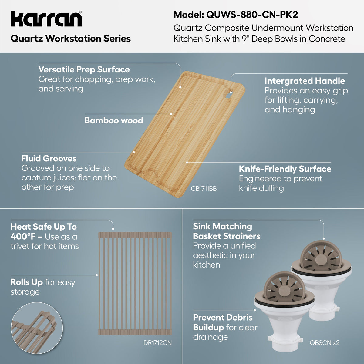 32" Undermount Double Bowl Quartz Kitchen Sink Kit In Concrete